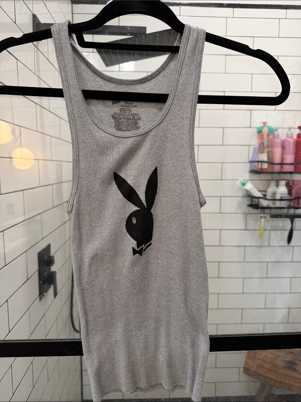 Gray Ribbed Tank with Black Bunny Logo